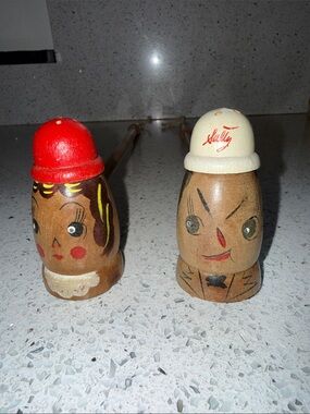 VTG Wood Salt Pepper Shakers Long Handles  Hand Painted Vintage Wear&Tear Japan